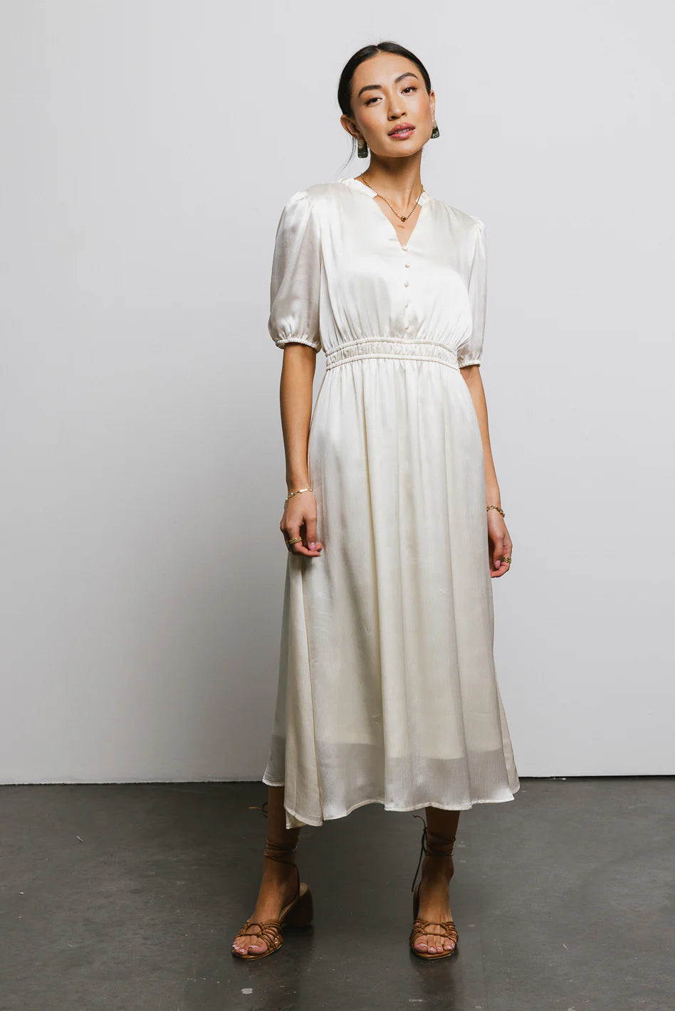 V Neck Satin Midi Dress in Cream