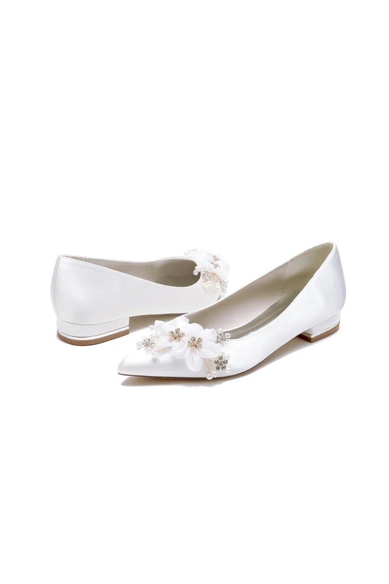 White Elegant Pointed Toe Low Heels with Rhinestone Flower