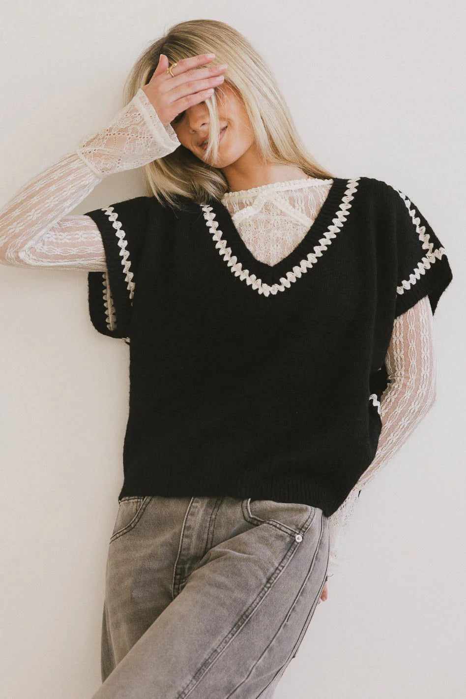 Hazel Embroidered Sweater Top in Black FINAL SALE