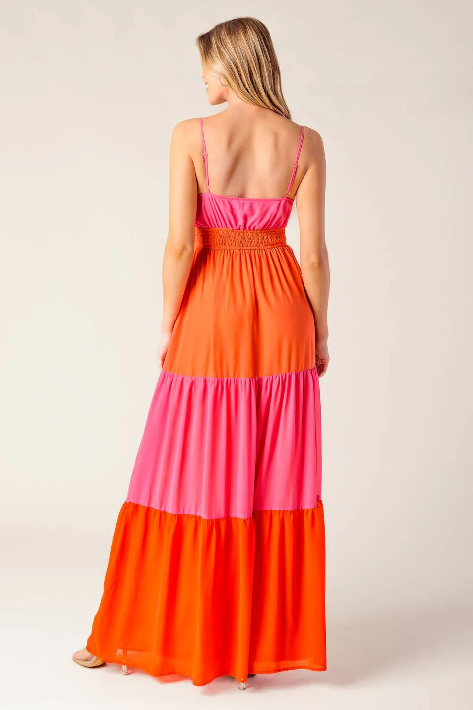 REGAL SUNRISE PINK RED COLOR BLOCKED MAXI DRESS