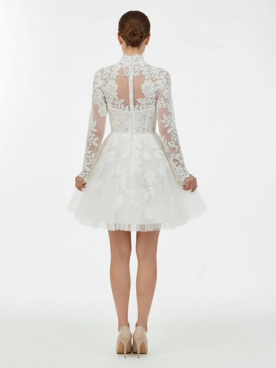 Short White A Line Illusion Neck Long Sleeves Lace Wedding Dresses