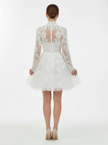 Short White A Line Illusion Neck Long Sleeves Lace Wedding Dresses
