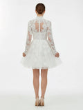 Short White A Line Illusion Neck Long Sleeves Lace Wedding Dresses