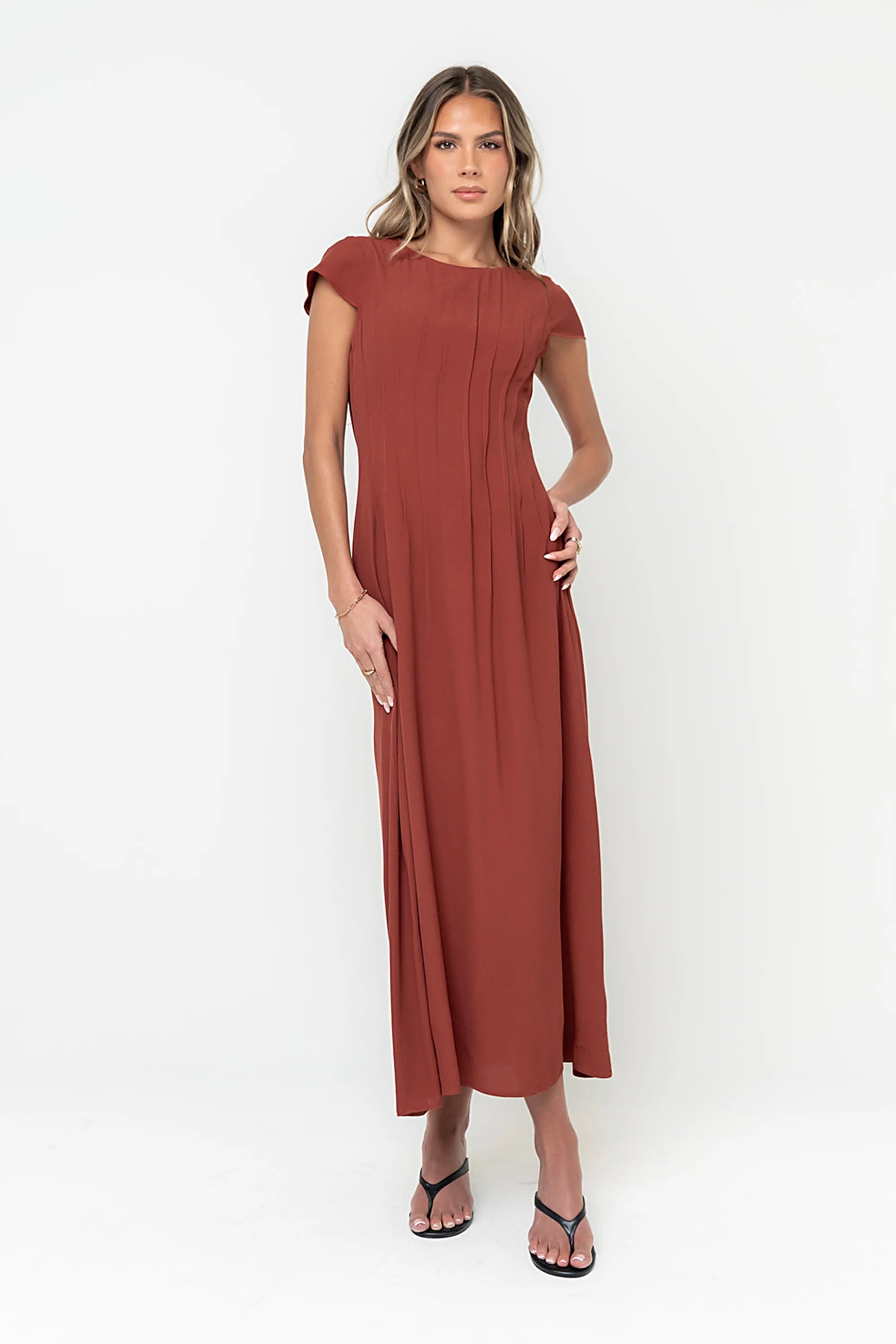 Carolina Pleated Maxi Dress in Brick