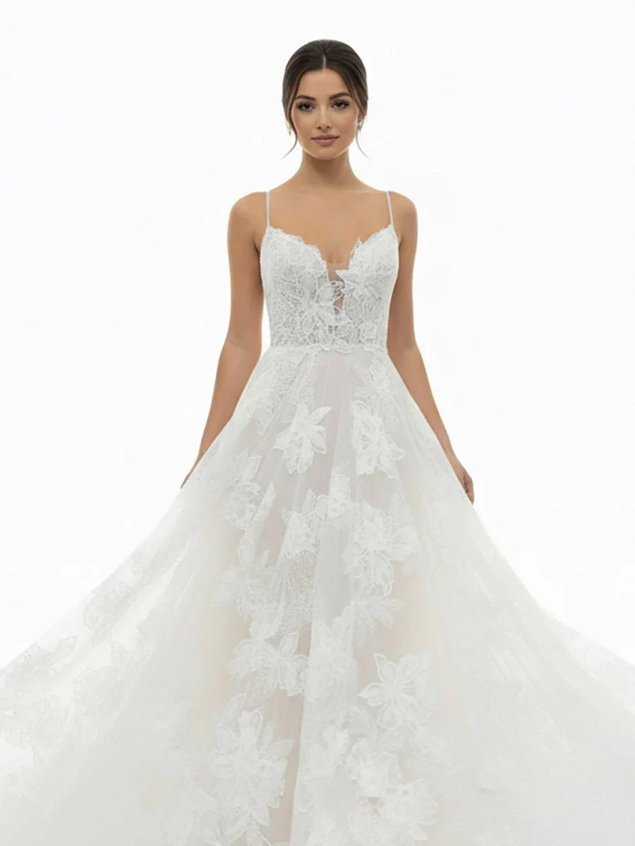 Boho White A Line Lace Appliques Wedding Dress