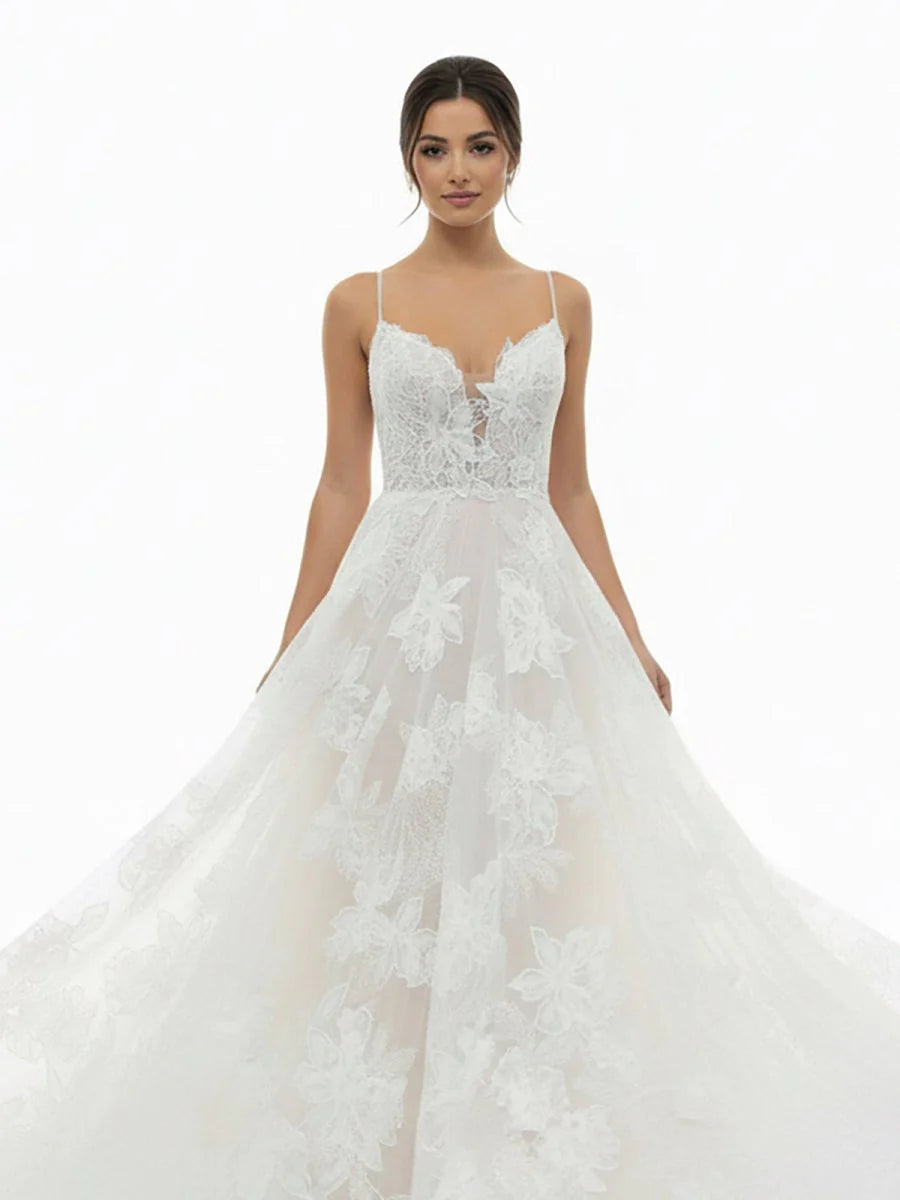Boho White A Line Lace Appliques Wedding Dress