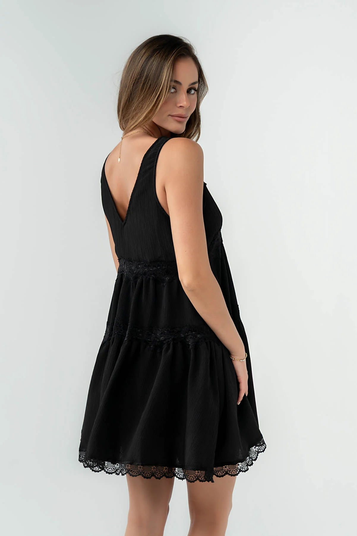 Quinny Lace Trim Mini Dress in Black