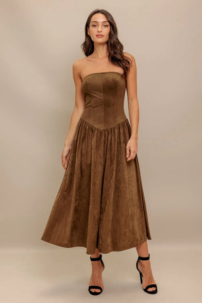 WILD ESPRESSO BROWN FAUX SUEDE MIDI DRESS