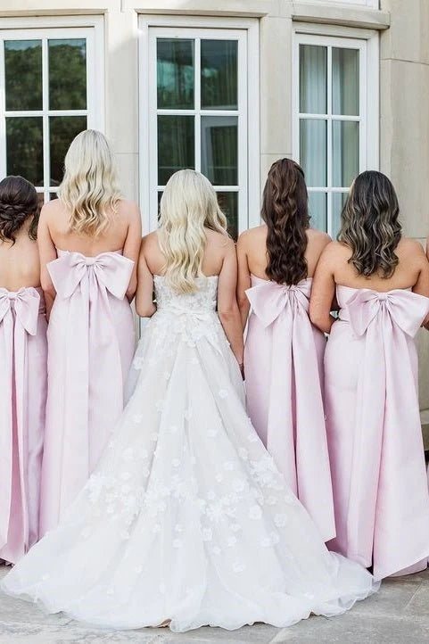 Strapless Pink Scoop Pleated Satin Long Bridesmaid Dress With Big Bow