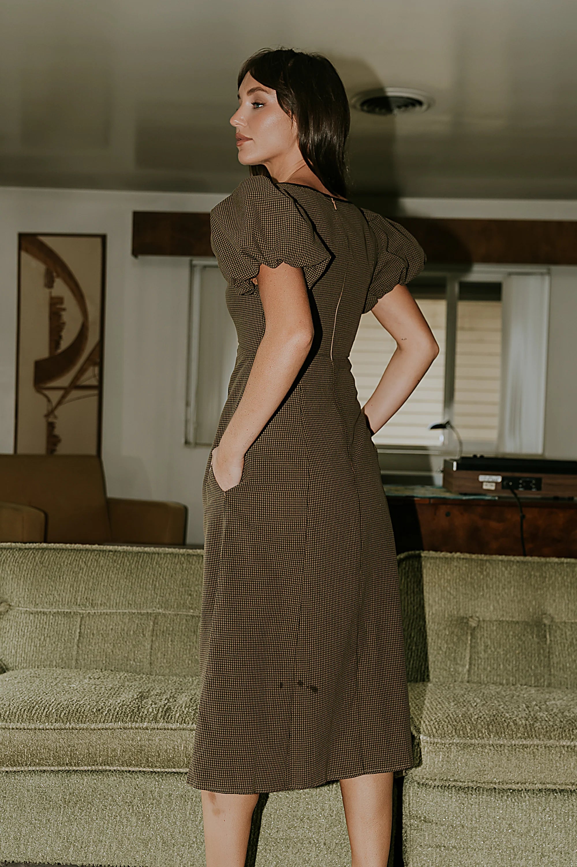 Elle Gingham Midi Dress in Brown FINAL SALE