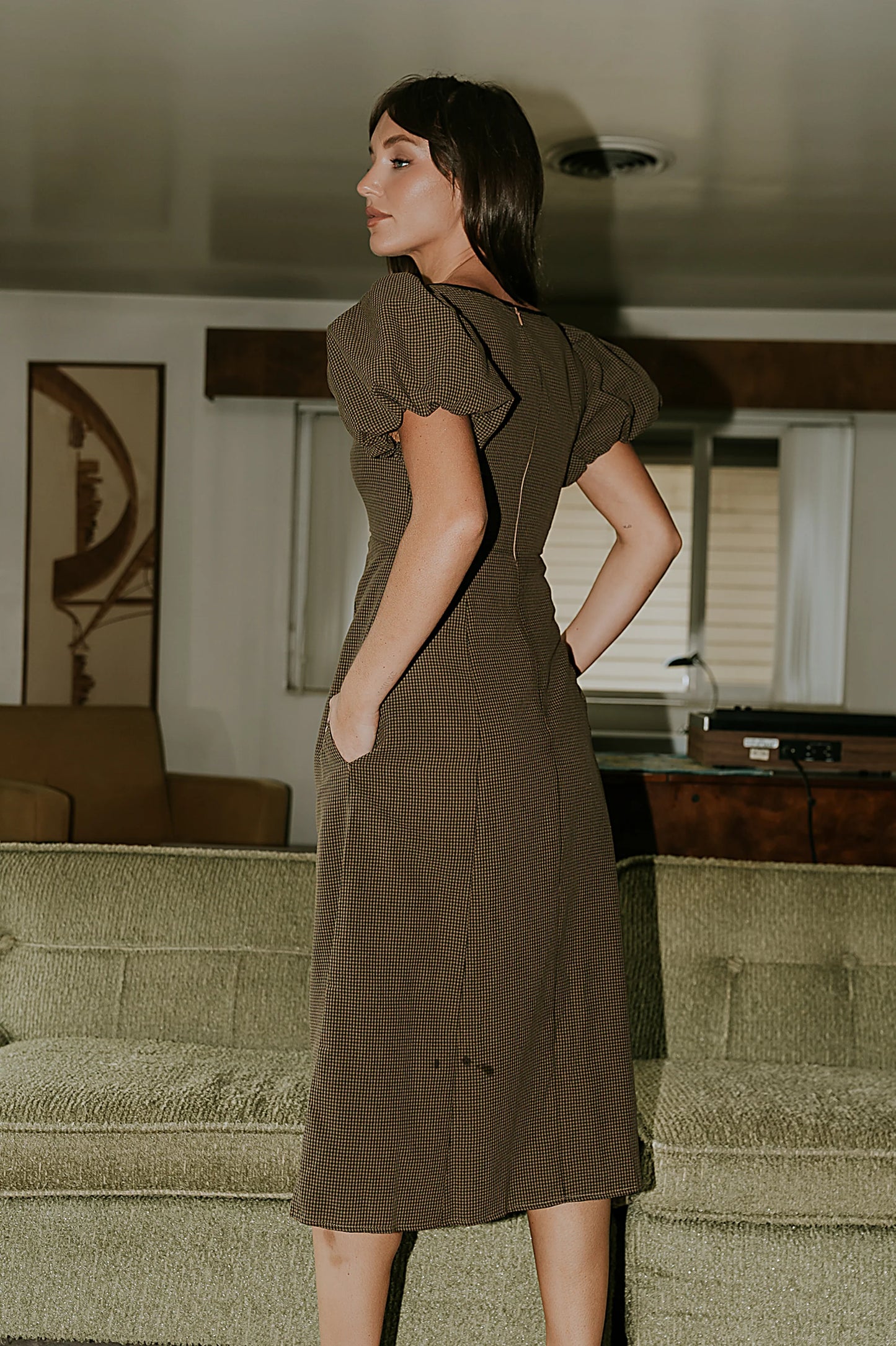 Elle Gingham Midi Dress in Brown FINAL SALE