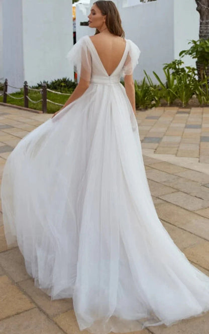 Casual Beach A Line Tulle Wedding Dress With V neck And Low V Back