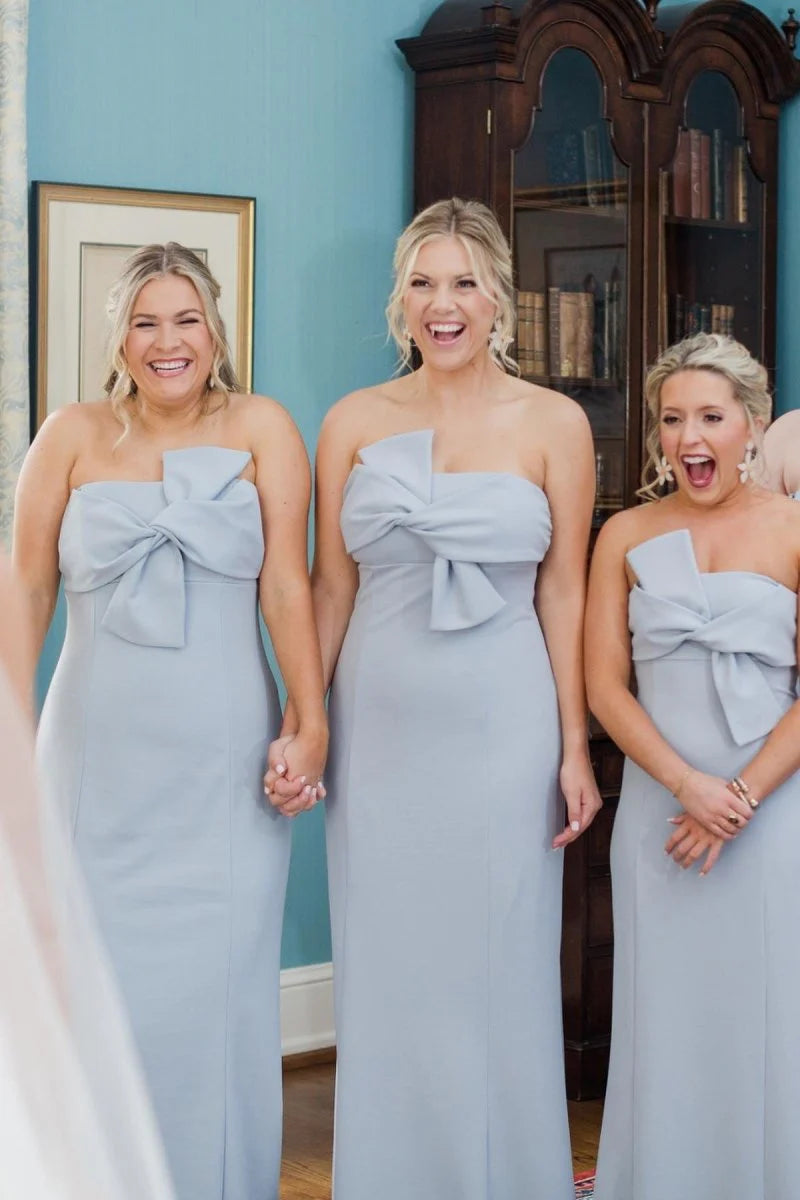 Strapless Tie Front Sky Blue Sheath Long Bridesmaid Dress