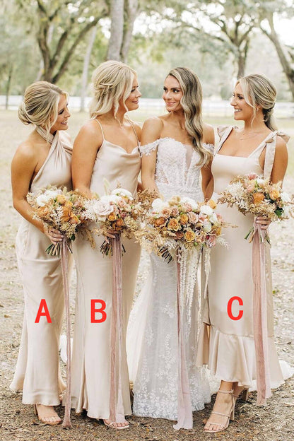 Champagne Sheath Satin Long Mismatch Bridesmaid Dress