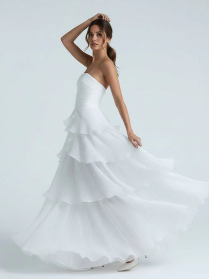 Cute A Line Chiffon Strapless Tiered Wedding Dresses