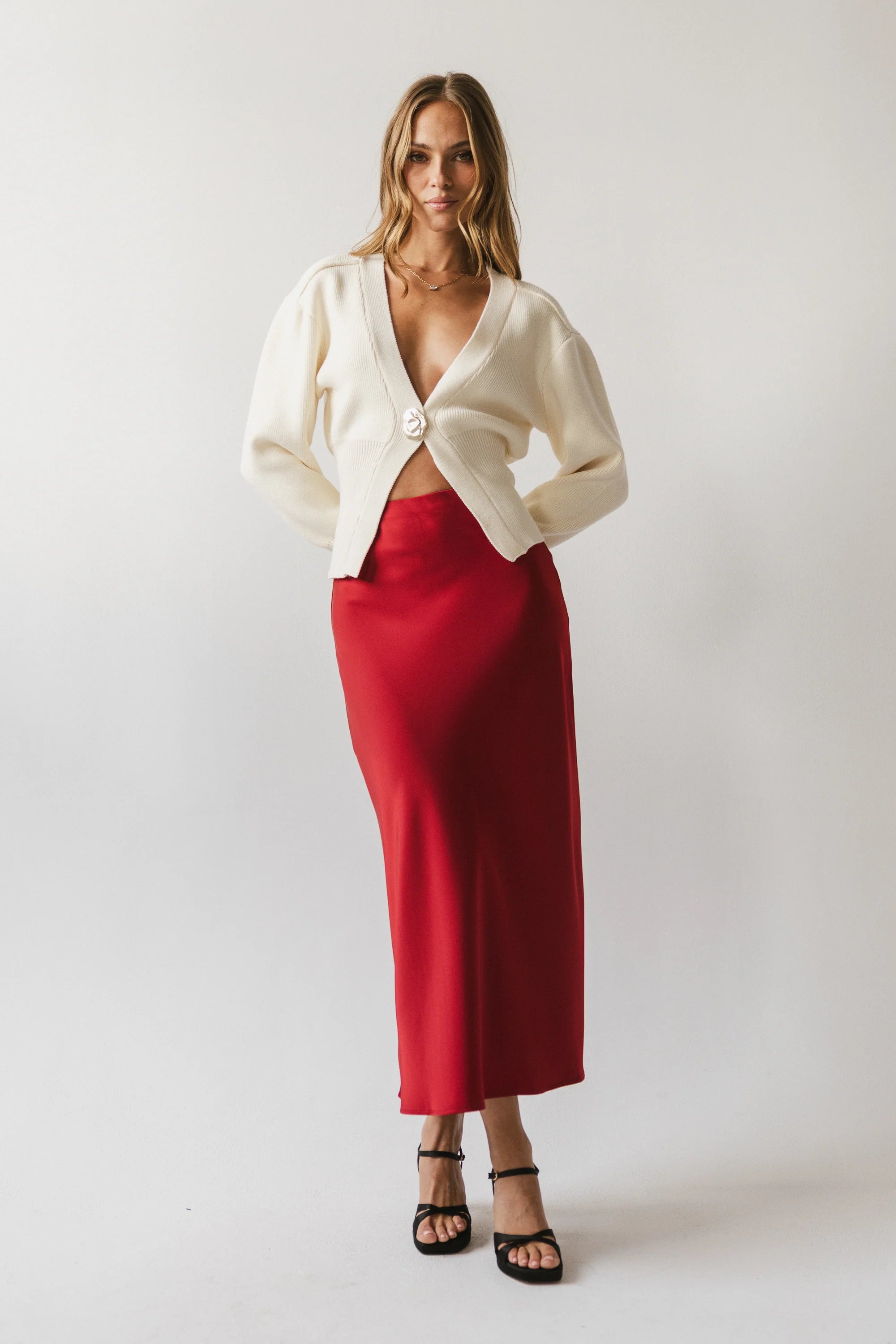 Tory Satin Maxi Skirt in Red Brown