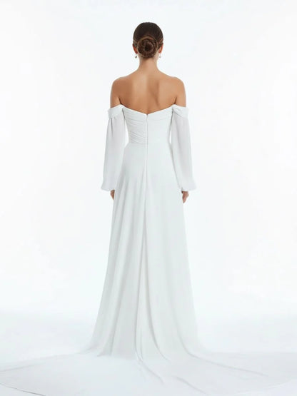 A Line Sweetheart Long Sleeves Chiffon Sweep Train Wedding Dress