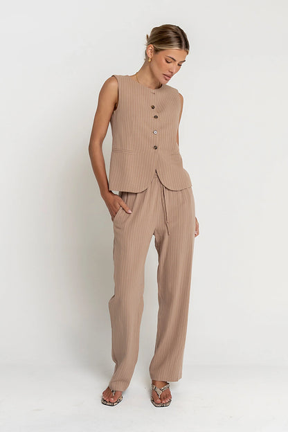 Vivienne Pinstripe Sleeveless Vest in Tan