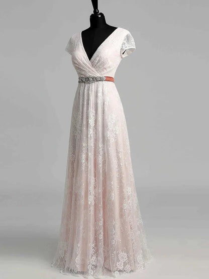 Short Sleeve V neck Pleated Long Lace Wedding Dress