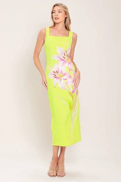 LUSH LIME MIDI DRESS WITH SQUARE NECKLINE