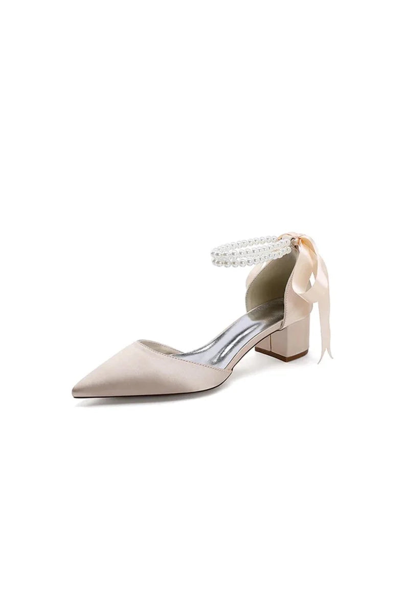 Pointed Toe Double Pearl Ankle Strap Party Shoes With Ribbon Tie