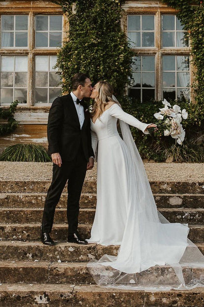 Simple A Line Off the Shoulder Long Sleeves White Satin Wedding Dresses