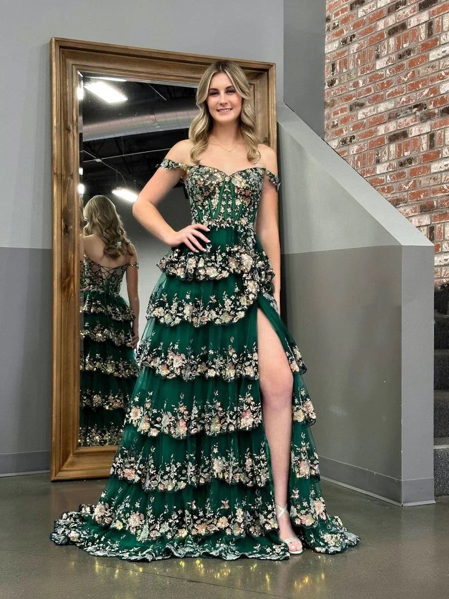 Green Crystal Sequins Princess A Line Off the Shoulder Prom Dress with Lace Ruffles