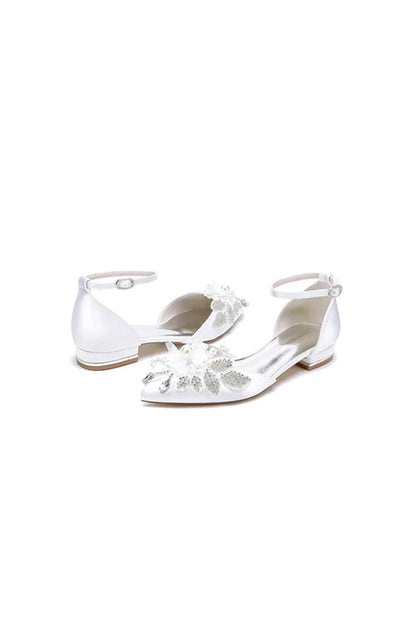 White Pointed Toe Ankle Strap Low Heels with Rhinestone