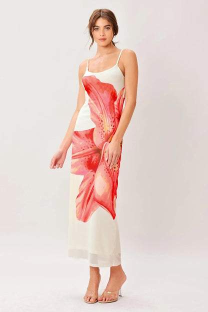 BLOOM STATEMENT POWER MESH CAMI MIDI DRESS