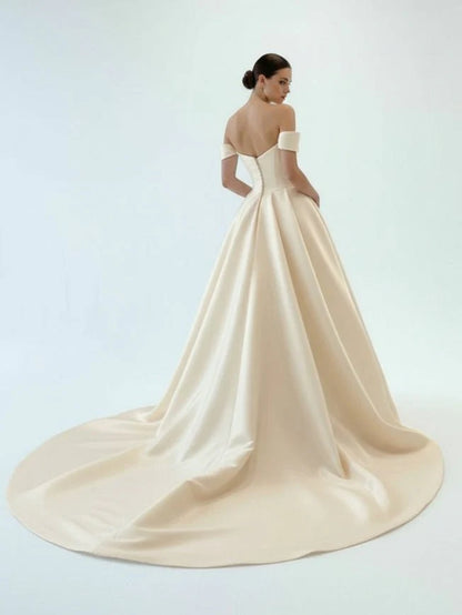 Elegant A Line Off the Shoulder White Satin Wedding Dresses