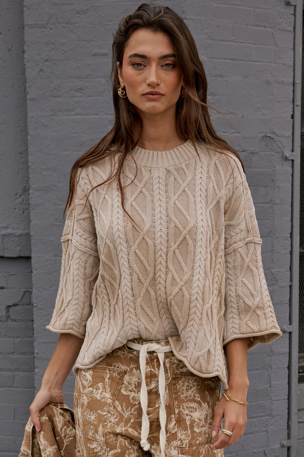 Raegan Cable Knit Sweater in Tan