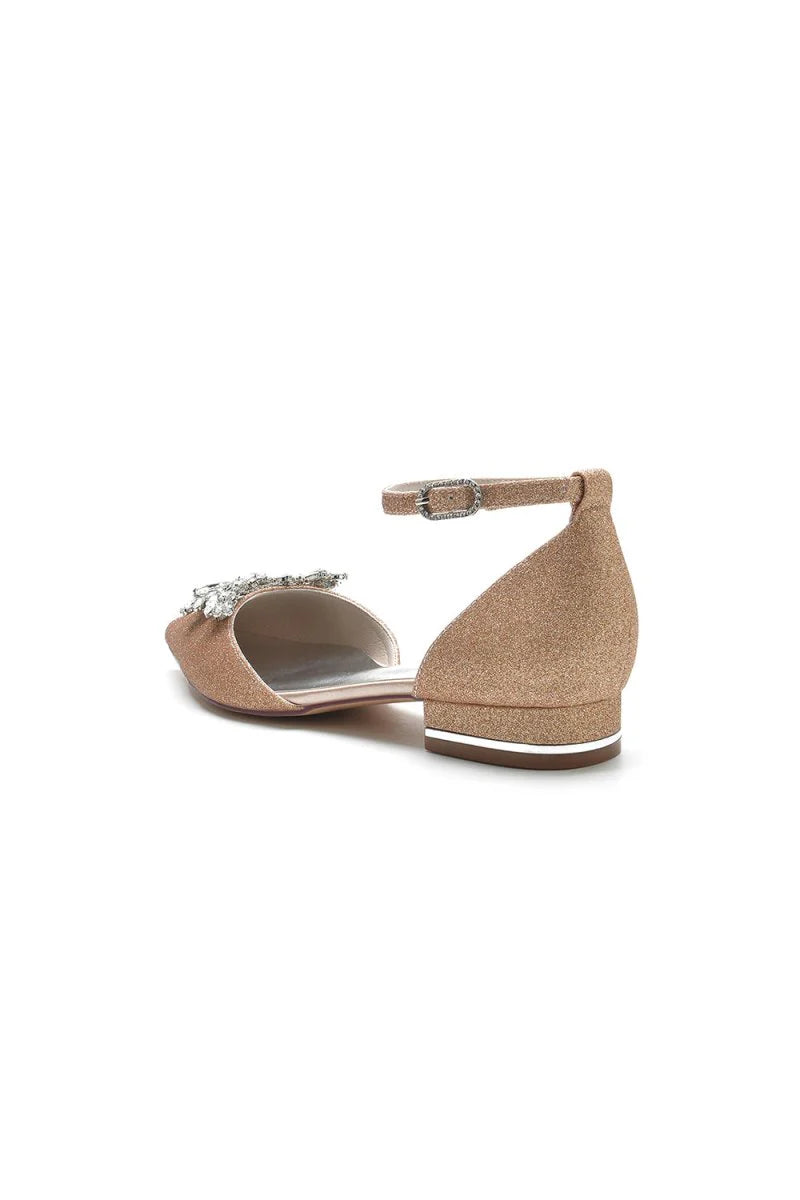 Stretch Glitter With Ankle Strap Rhinestone Pointed Toe Flat Heel Party Shoes