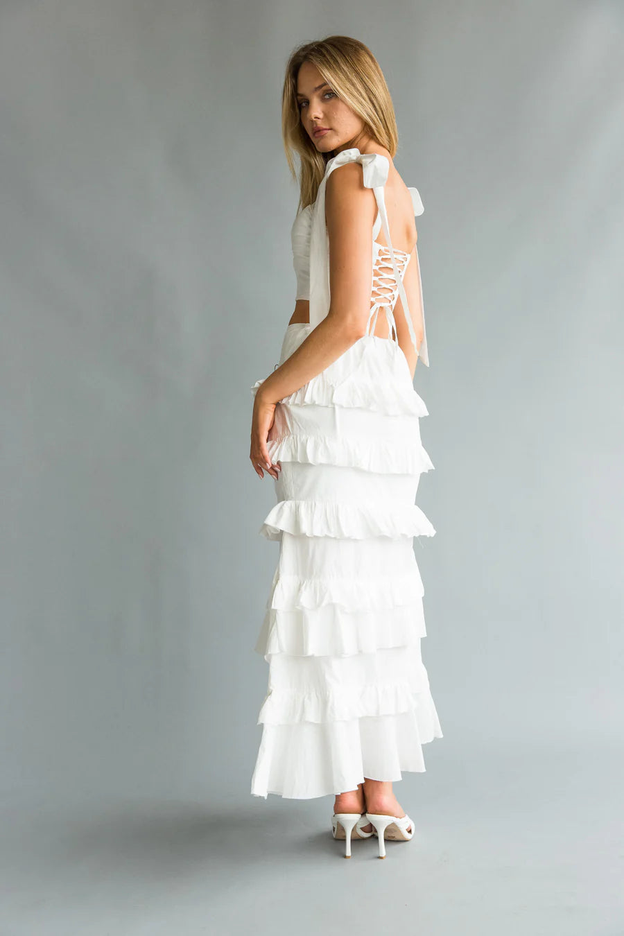 Dawn Bow Strap Bustier Top Tiered Ruffle Skirt Set