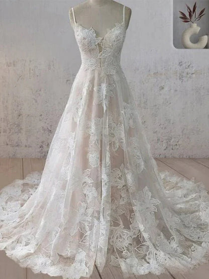 Boho White A Line Lace Appliques Wedding Dress