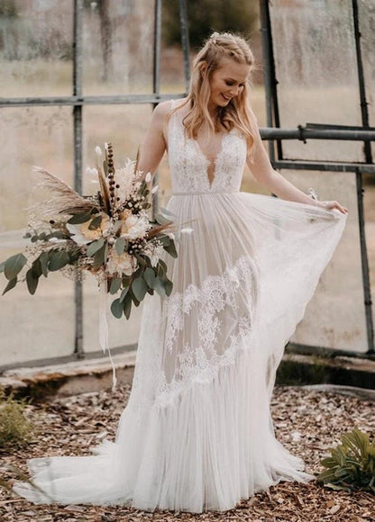 Bohemian Wedding Dresses V Neck Backless Romantic Dreamy Bridal Gowns