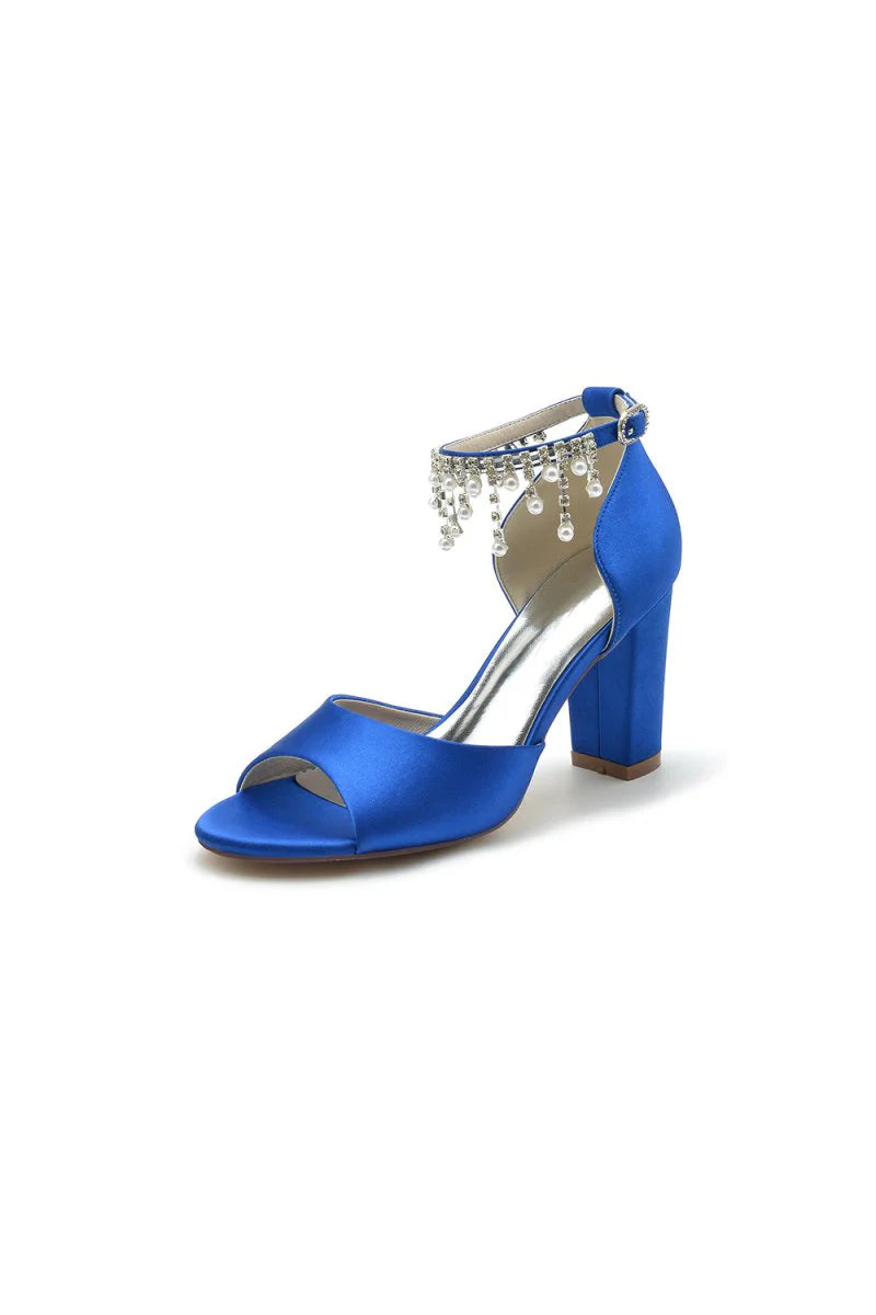 Open Toe Pearl Tassel Satin Chunky Heels