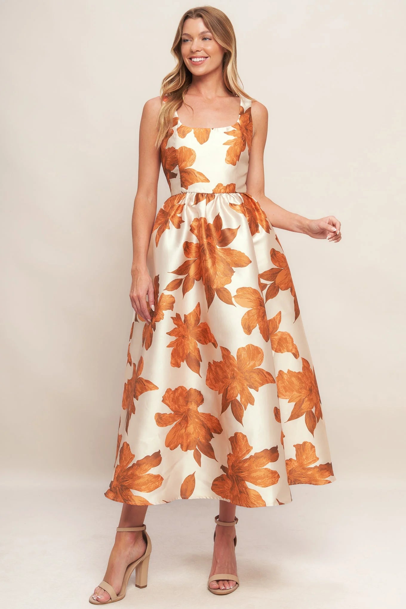 FALL FLORAL SATIN MIDI DRESS RUST