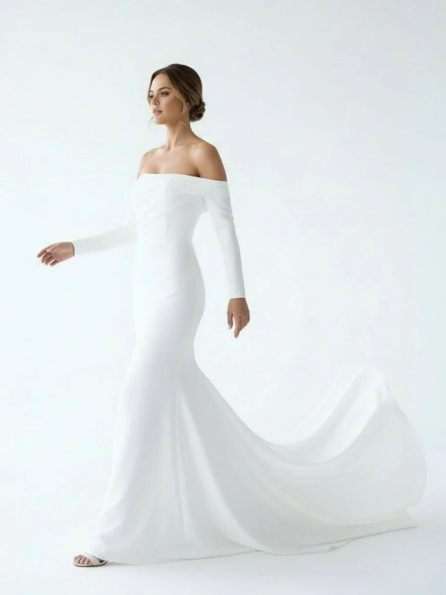 Simple White Boho Mermaid Long Wedding Dress with Sleeves