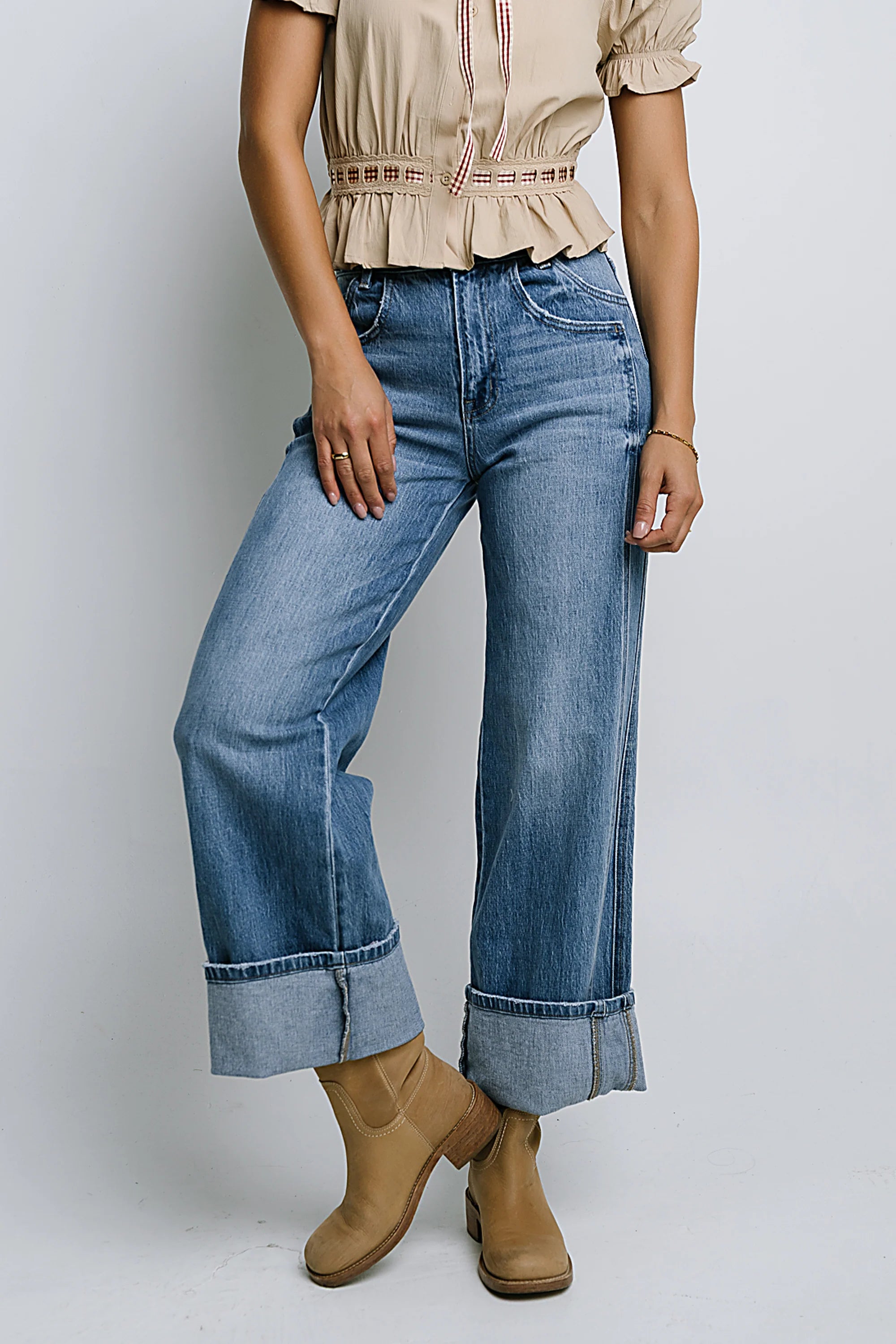 Jade Cuffed Wide Leg Jeans in Medium Wash FINAL SALE