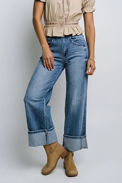 Jade Cuffed Wide Leg Jeans in Medium Wash FINAL SALE