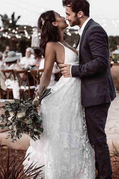 Luxury Lace Chic Halter A Line Bohemian Wedding Dress with Slit Bridal Gowns