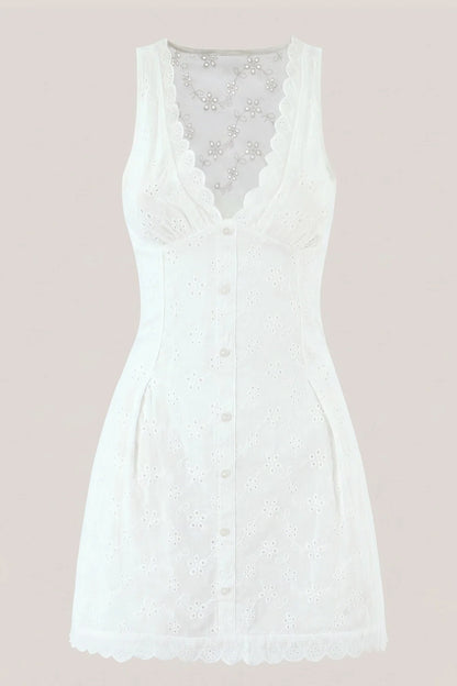 White V Neck Floral Print A Line Mini Dress