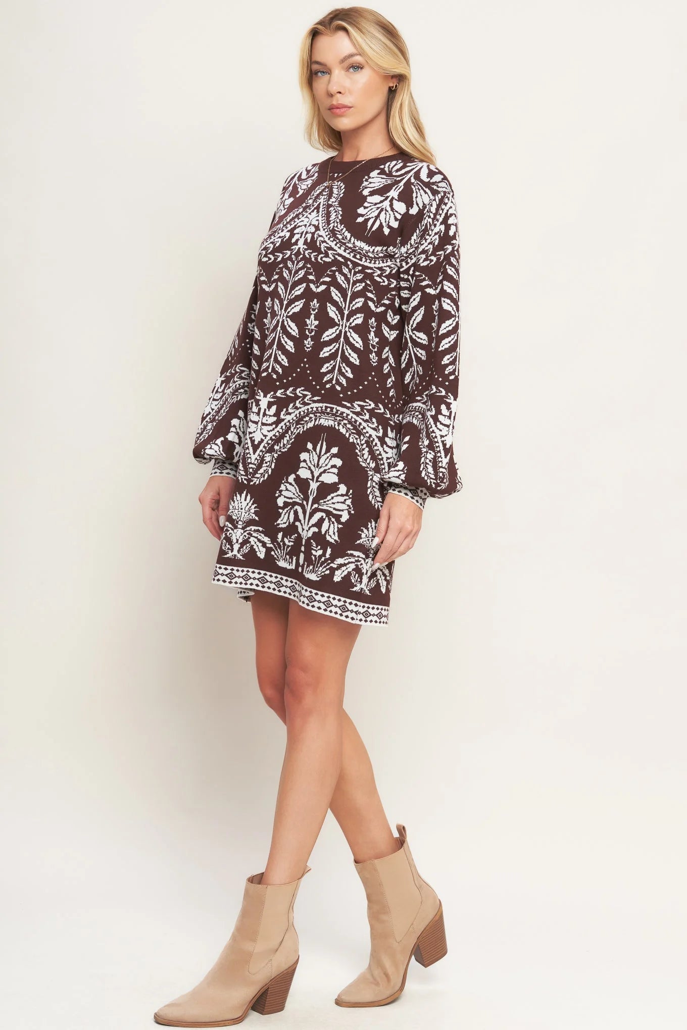 TERRA TAPESTRY BROWN SWEATER KNIT MINI DRESS
