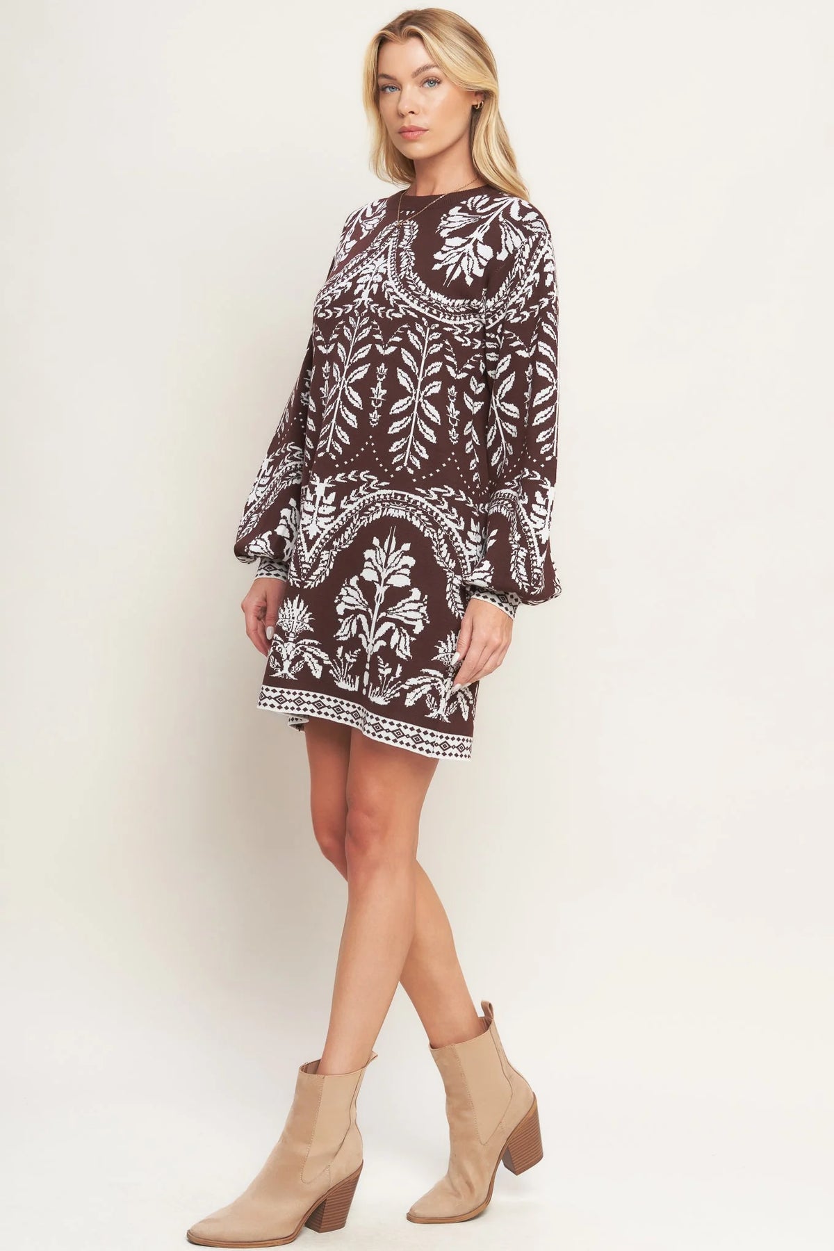 TERRA TAPESTRY BROWN SWEATER KNIT MINI DRESS