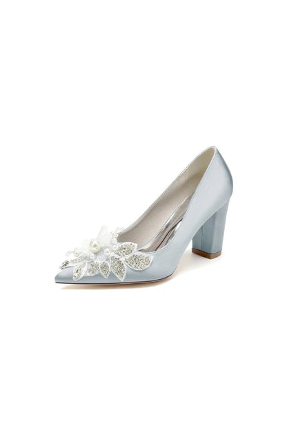 Floral Beaded Pointed Toe Chunky Heel