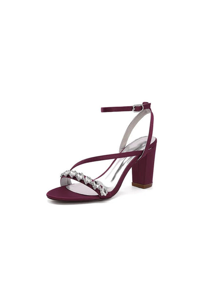 Open Toe Ankle Strap Satin Chunky Heels With Rhinestone