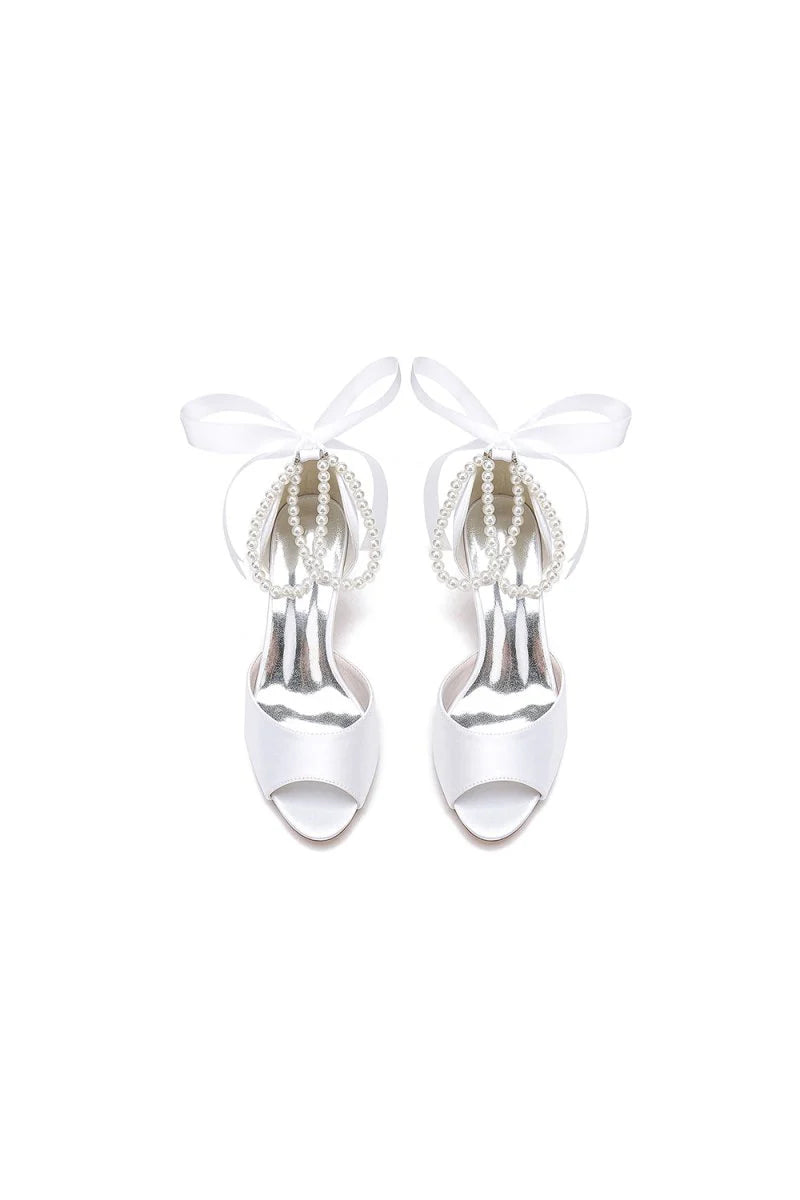 Chic White Satin Heels Featuring a Pearl Embellished Bow