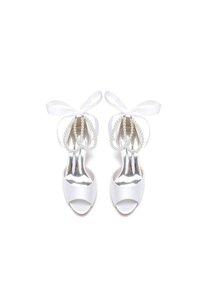 Chic White Satin Heels Featuring a Pearl Embellished Bow