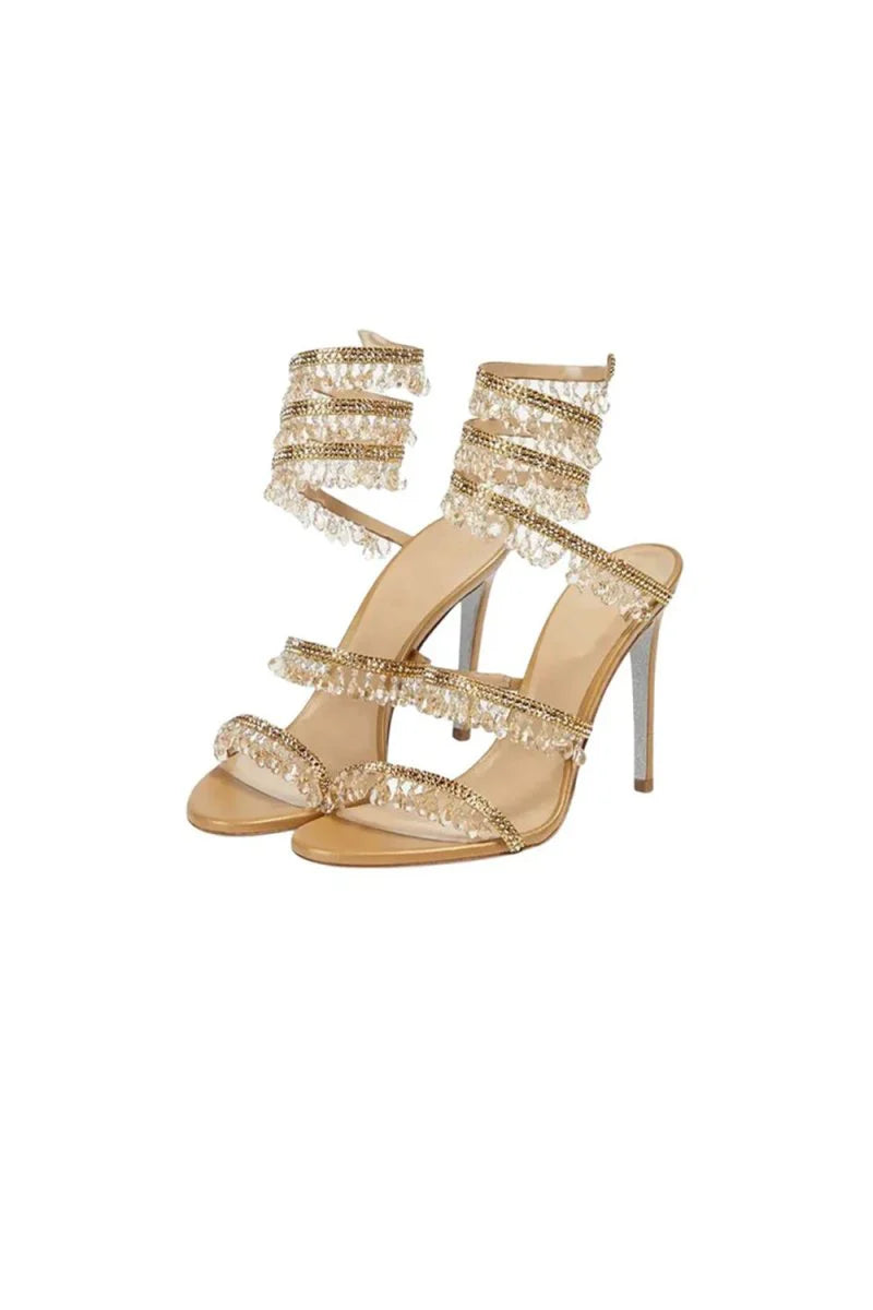 Open Toe Ankle Wrap Beaded Crystal Stiletto Heels