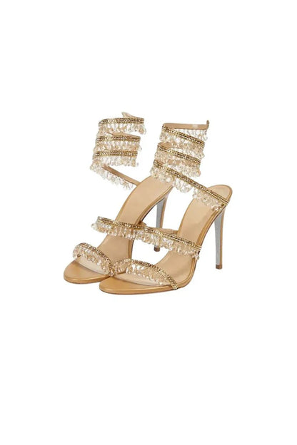 Open Toe Ankle Wrap Beaded Crystal Stiletto Heels